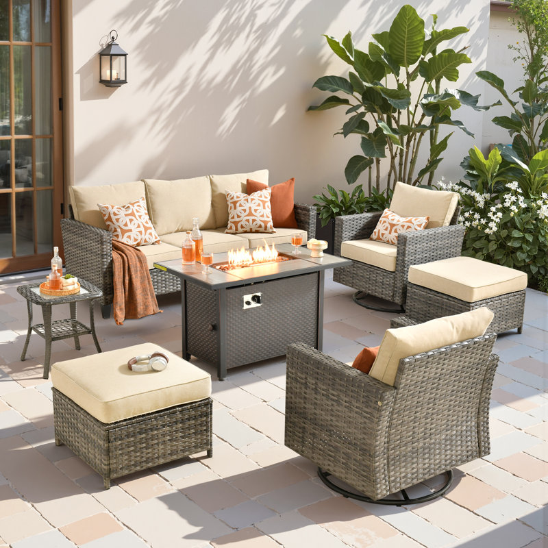 Allcot 5 - Person Wicker Outdoor Conversation Set, Patio Sofa Set with Fire Pit and Cushions, Beige