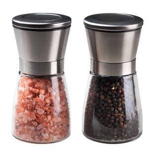  Prefilled Stainless Steel Salt and Pepper Grinder Two Piece Set  - Includes Himalayan Salt and Quality Black Pepper - Glass and Stainless  Steel Mill - Large Capacity Shakers - Top Loading