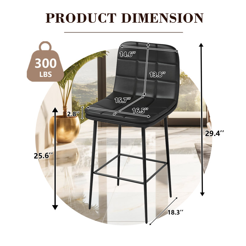Modern PU Double Cushion Bar Stools With Metal Frames(Set of 8), Black