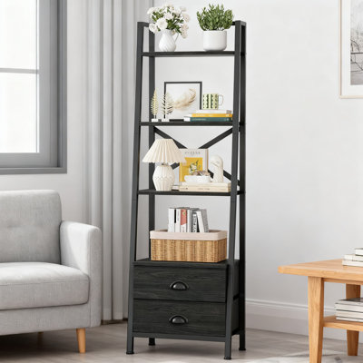 Bibliothèque échelle à 4 niveaux avec 2 tiroirs en tissu, étagère de rangement verticale pour le salon, la chambre à coucher, le bureau, conception industrielle rustique avec structure en métal et panneau de particules