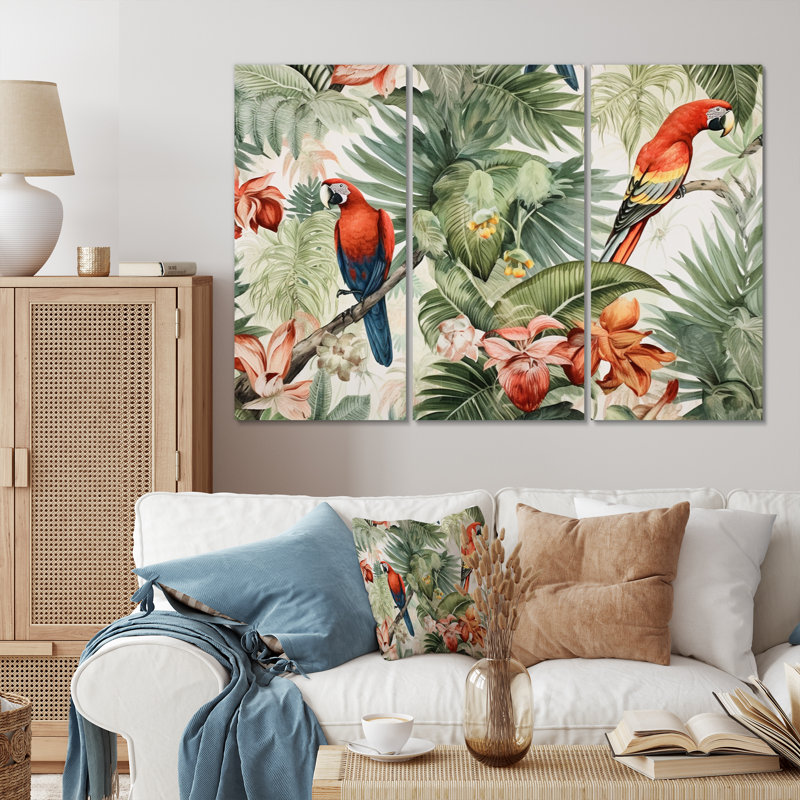 «Parrot In Paradise I», reproduction sur toile 3 pièces, H 40 po x l 60 po x P 1 po