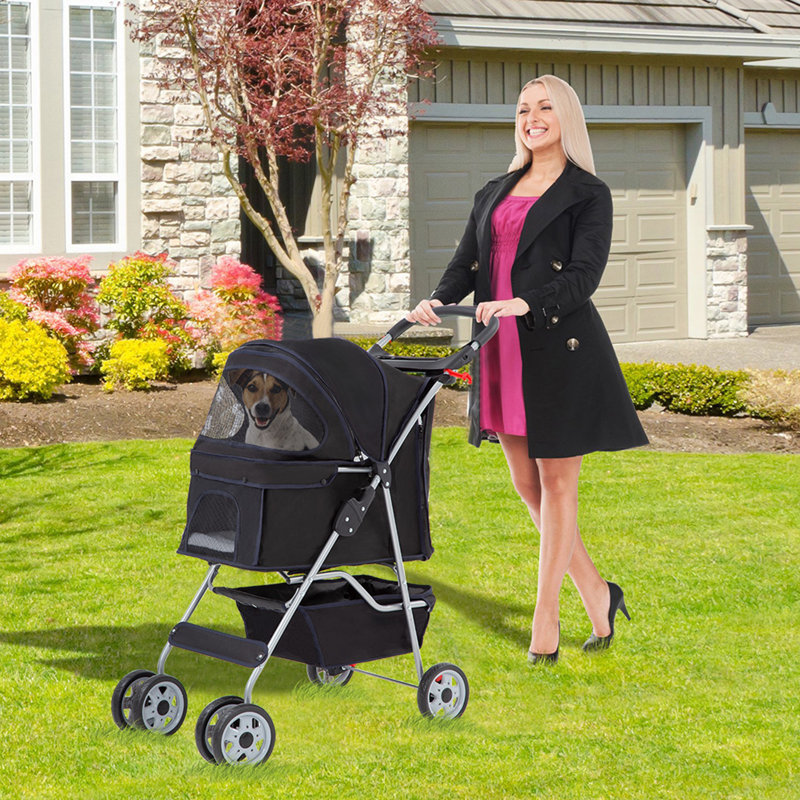 Black 4-Wheeled Folding Pet Stroller with Mesh Windows