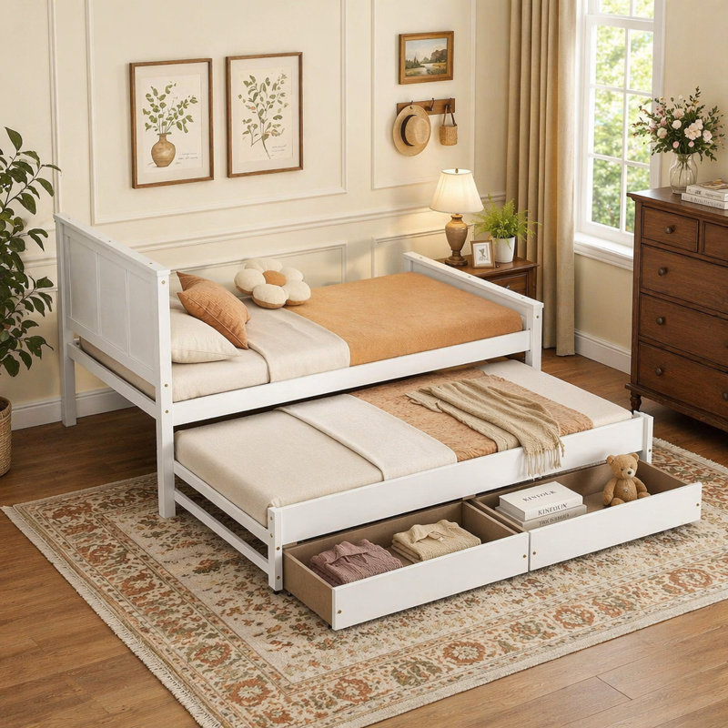 Lit plateforme moderne avec lit gigogne et tiroirs Modern, Blanc