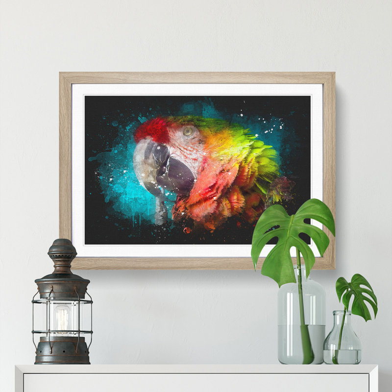 Rainbow Macaw Parrot - Picture Frame Graphic Art, 33cm H x 45cm W x 2cm D, Oak Framed