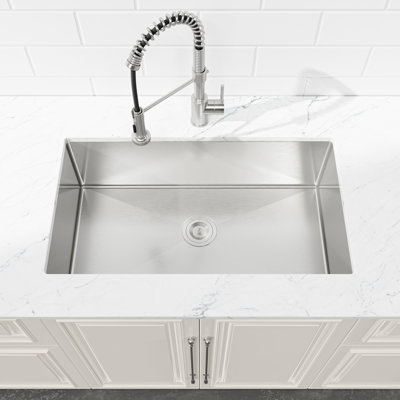 33" Undermount Stainless Steel Kitchen Sink, Single Bowl 16 Gauge Brushed Nickel Handmade Sink with Drain & Hooks