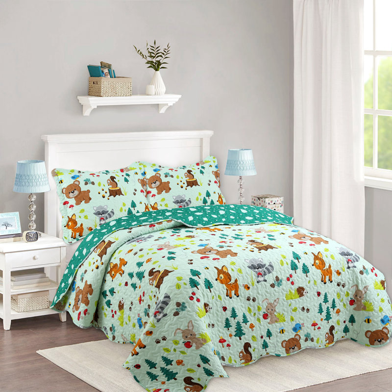 Full Size Green Forest Animal Print Kids Bedspread Set