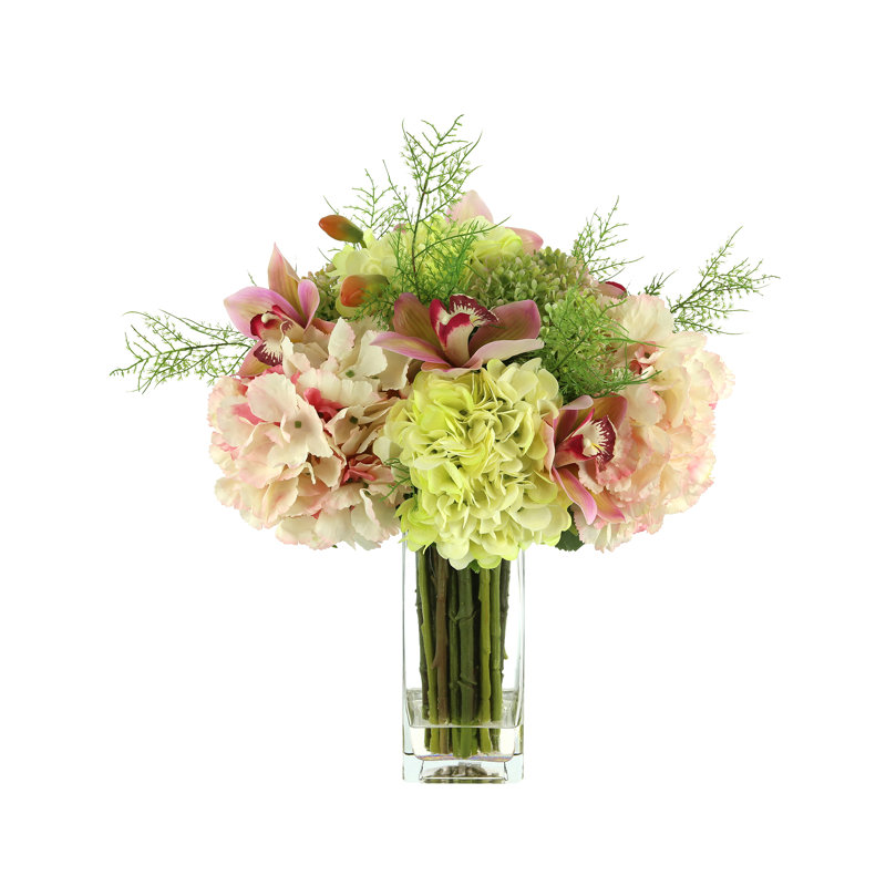 Faux Orchid and Hydrangea Arrangement in Glass Vase