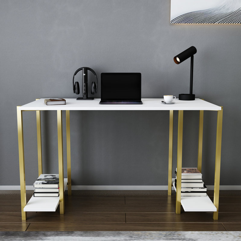 Academy Desk Modular Steel Writing Desk, White/Gold