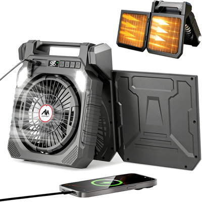 Ventilateur solaire avec lanterne DEL pour camping, autonomie maximale de 40 heures | Panneau solaire 10W, oscillation à 180 °, 4 vitesses, mode SOS et lampe de poche pour pique-nique