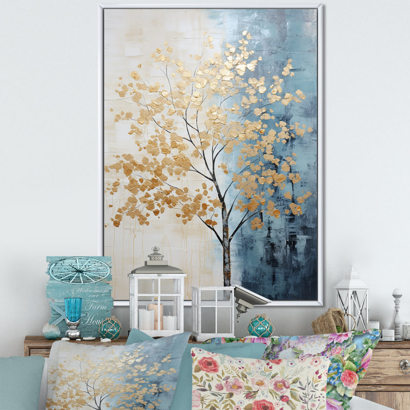 «Gold and Blue Trees Harmony», reproduction sur toile encadrée, Encadrement doré, 32" H x 24" W