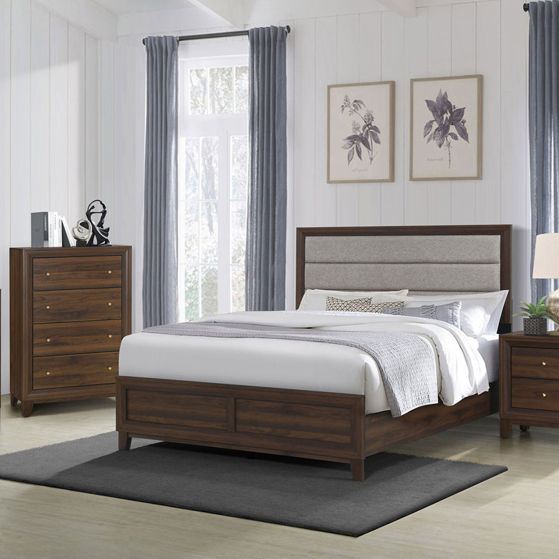 Grand lit avec finition noyer, tête de lit tapissier, bois d'ingénierie, lit de soutien confortable, résistance taupe à l'usure quotidienne