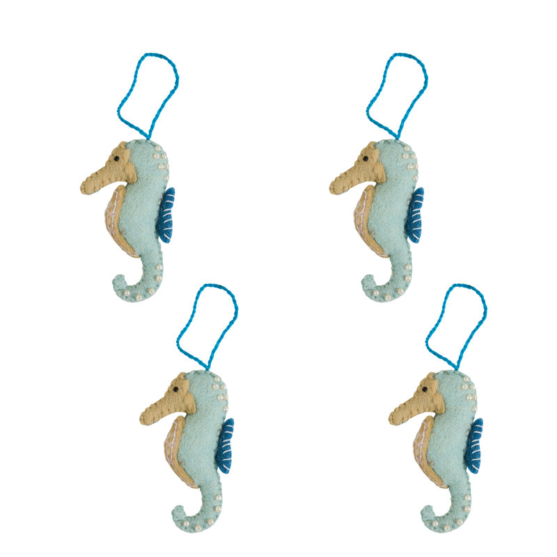 Paquet de 4 ornements en feutre bleu perlé Split P Sea Horse