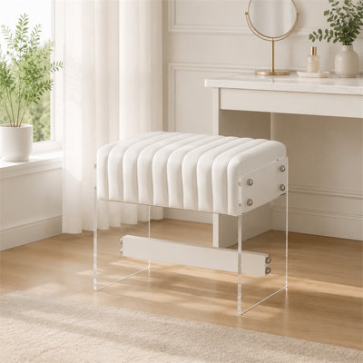 Luxury Acrylic Leg Dressing Stool, Modern Minimalist Vanity Bench with White PU Leather Cover and High-Density Sponge Cushion, Practical Furniture for Bedroom, Entryway & Living Room