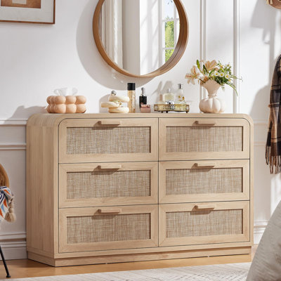 Commode 6 tiroirs en rotin avec poignées en bois massif, 5 po de profondeur et anti-basculement