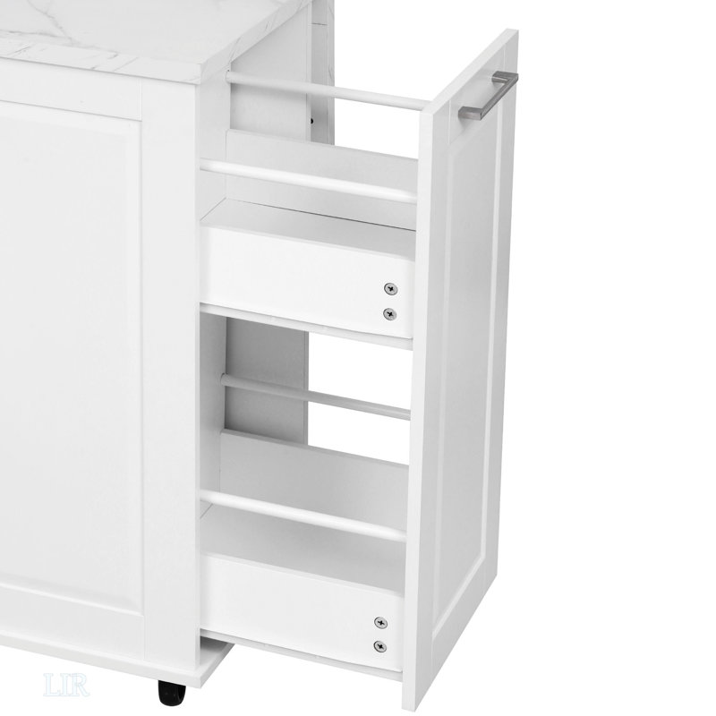 Kitchen Island With Storage Tilt Trash Can Cabinet And Pull Out Cabinet Organizer, White