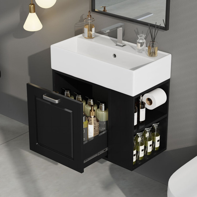 Meuble-lavabo mural de 21,8 po avec lavabo, grand tiroir, tablette réglable et système de fermeture en douceur noir, Noir
