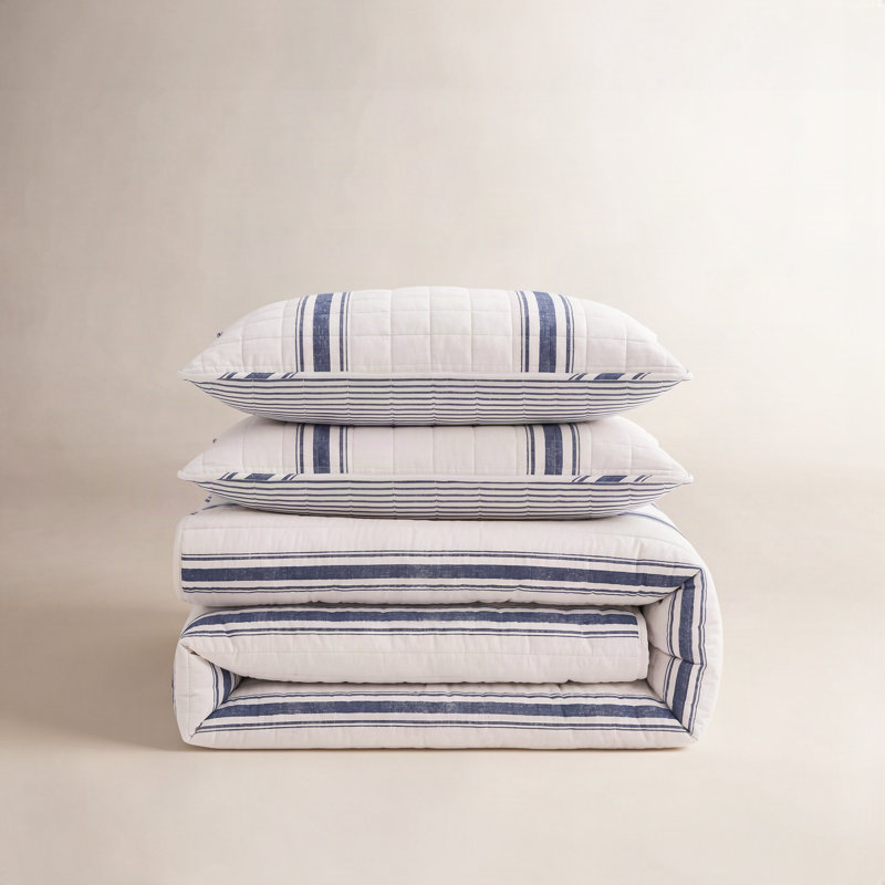 Gilroy Farmhouse / Country Cotton Striped Quilt, Navy, Full/Queen + 2 Shams
