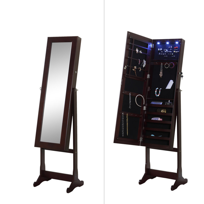 Armoire de plancher à bijoux sur pieds de luxe pour la maison avec un miroir et un éclairage LED, Noyer