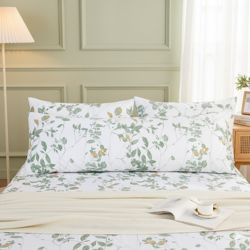 Body Pillowcase 100% Cotton Pillow Case, 1-Piece Light Green Floral Pillow Cover, Soft Breathable Natural Pillow Case with Envelope Closure (Body, 20"x54")