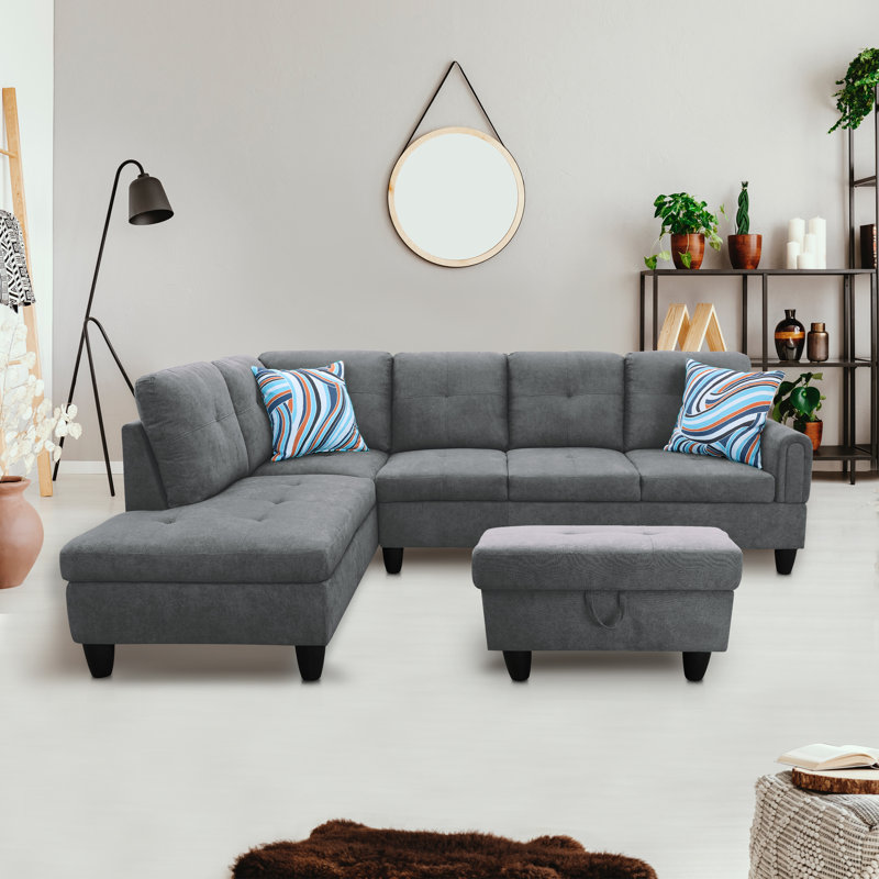 Canapé et méridienne avec repose-pieds large de 97 po Wojia, Mélange de lin gris