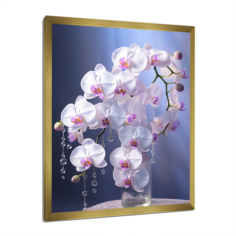 Orchidées mauves élégance II - imprimé, Encadrement doré, H 32 po x l 16 po x P 1 po