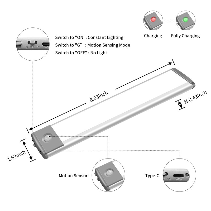 Lumière d'armoire à capteur de mouvement rechargeable sans fil 8,03 pouces LEPOTET 8,03 pouces