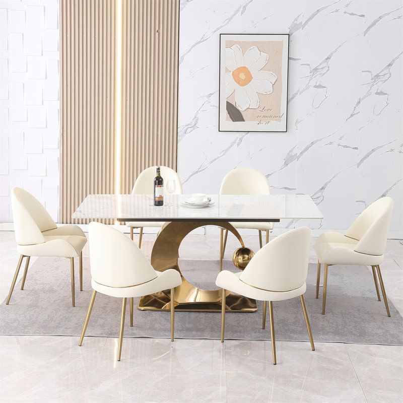 Table de salle à manger en pierre de 71 pouces de couleur blanche Carrara avec base piédestal en acier au carbone de forme spéciale