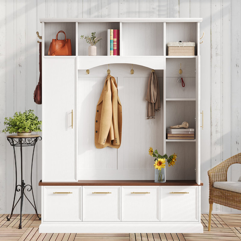 Arbre d'entrée 59 po de style campagnard avec garde-robe et armoire à chaussures pour le salon, Blanc