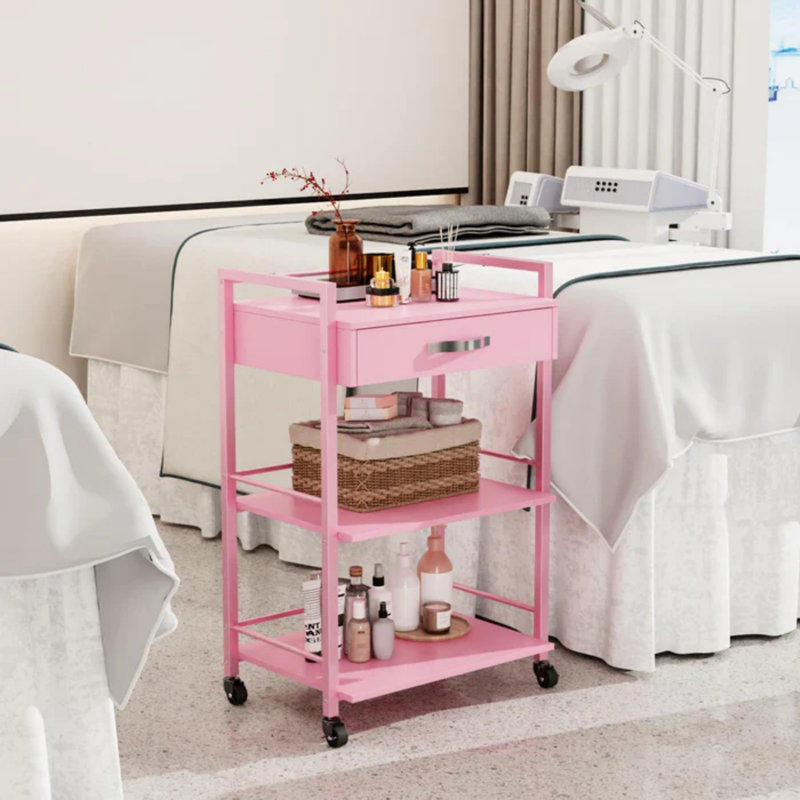 Pink Wooden Rolling Utility Trolley Cart With 1 Drawer 2 Shelves, Pink