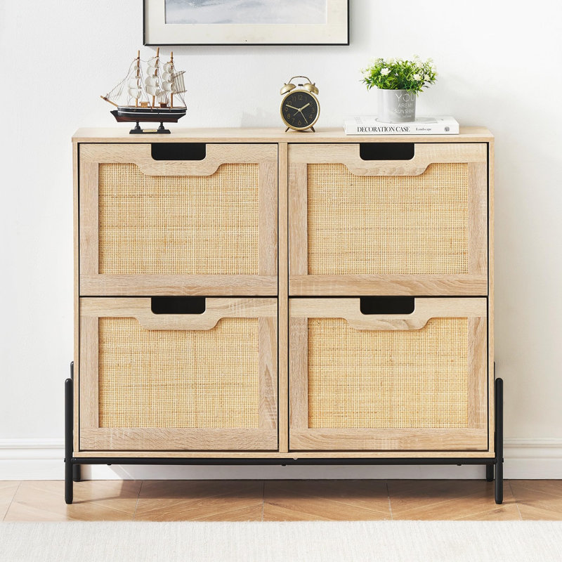 Rattan Shoe Cabinet with 4 Flip Drawers & Adjustable Shelf, Narrow Hidden Shoe Storage for Entryway or Home, Natural
