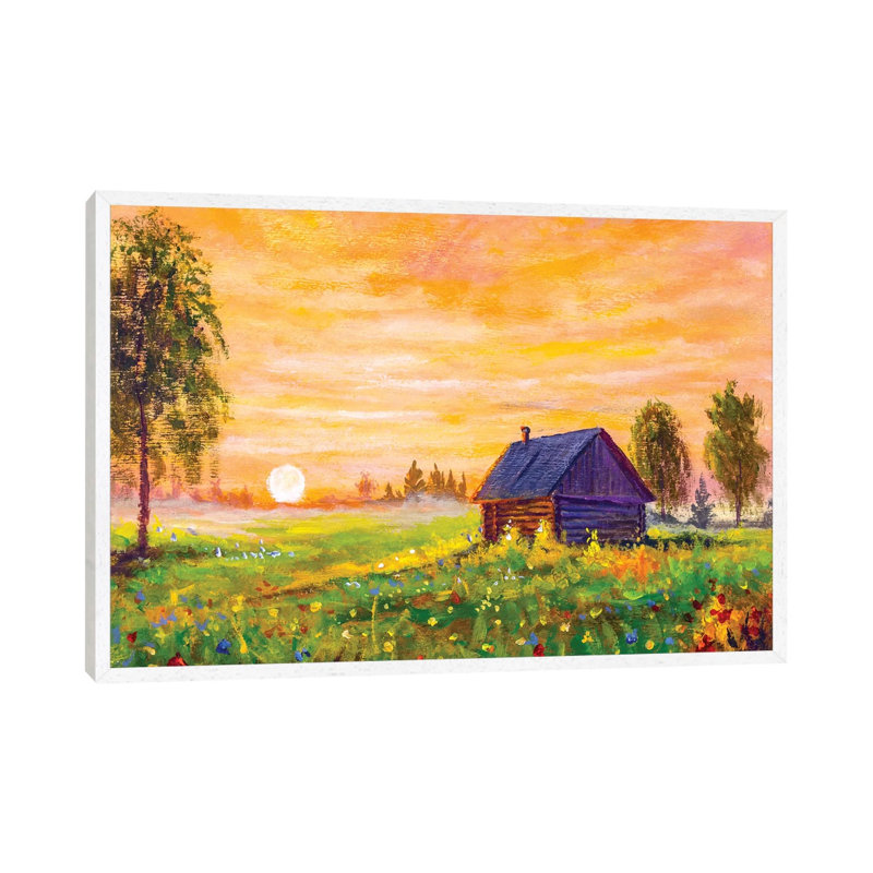 Old Rural Farmhouse In The Field by Valery Rybakow - Painting on Canvas, 66.04cm H x 101.6cm W x 3.81cm D, White Framed