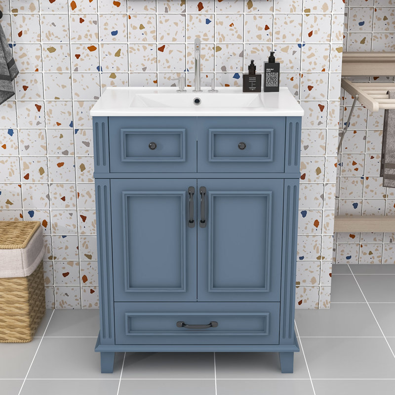 Élégant meuble-lavabo de salle de bain autoportant en bois avec lavabo en céramique, portes à fermeture douce et grand espace de rangement