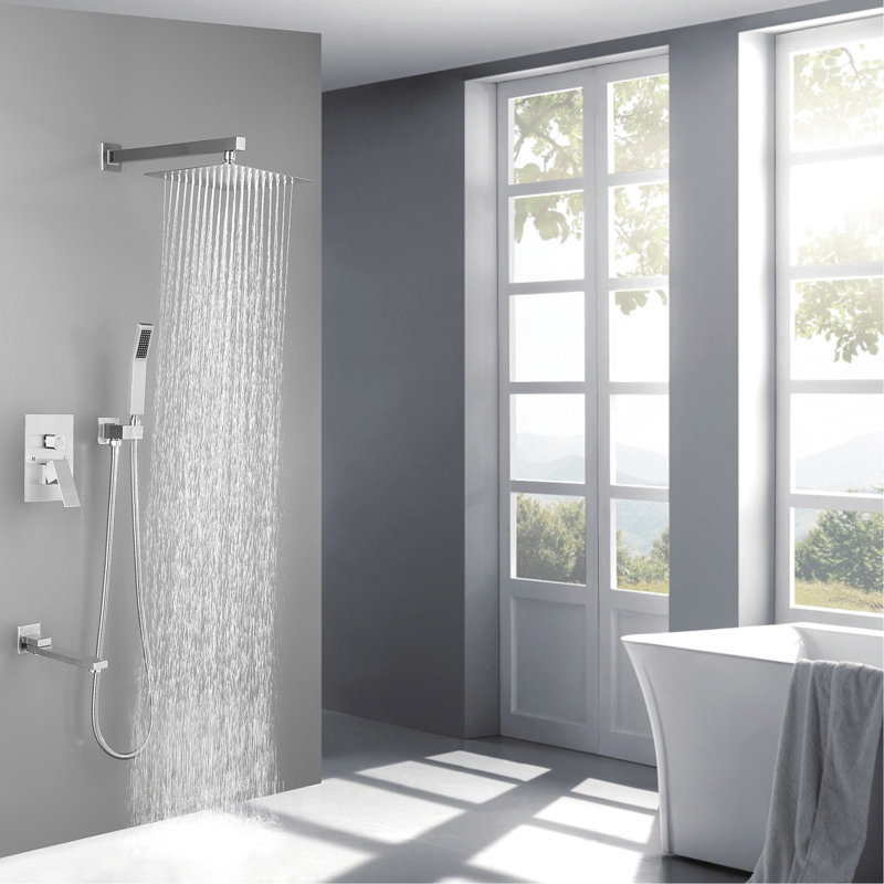 Brushed Nickel Bathroom Shower - 10 Inch Square Luxury Rain Mixer