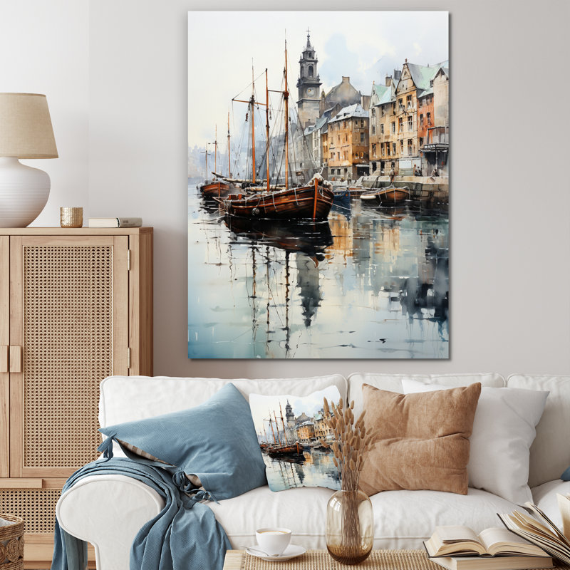 «England Misty Harbor Townengland», reproduction d'art sur toile, H 20 po x l 12 po x P 1 po, Toile tendue