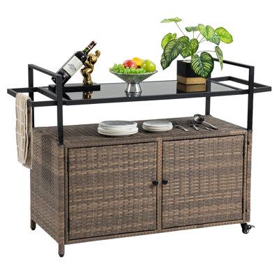 Outdoor Portable Wicker Bar Cart With Glass Countertop by Latitude Run