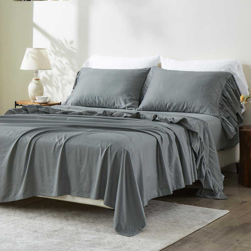 100% Cotton Sheet Set Ruffle Bed Sheets Soft French Country Vintage Bedding Set Aesthetic Farmhouse, Gray