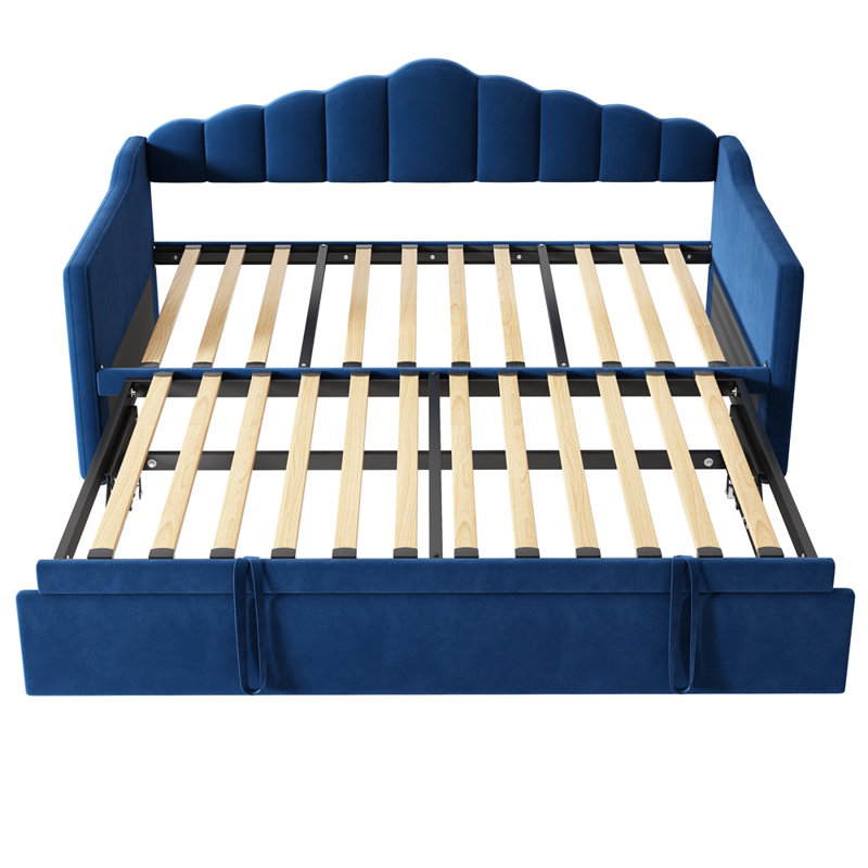 Upholstered Twin Size Daybed with Adjustable Height Pop Up Trundle Twin Bed and USB & Type-C Charging Port, Day Bed Frame with 2 Side Pockets, No Box-Spring Needed