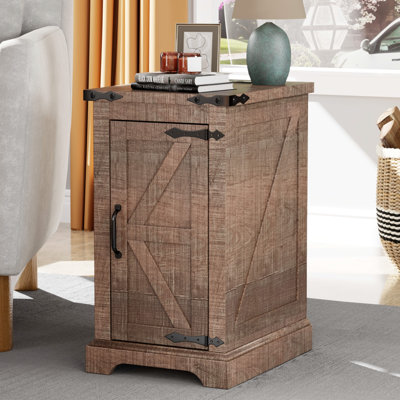 Table de bout Farmhouse avec station de charge, table de chevet en bois avec tablette de rangement réglable et porte de grange