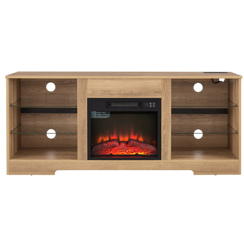 Meuble télé avec foyer électrique, effet de feu 3D, conduit, port, l 58 po pour téléviseurs de 32 à 62 po, lumières DEL de couleur chêne de 58 po, charge, convient au chêne