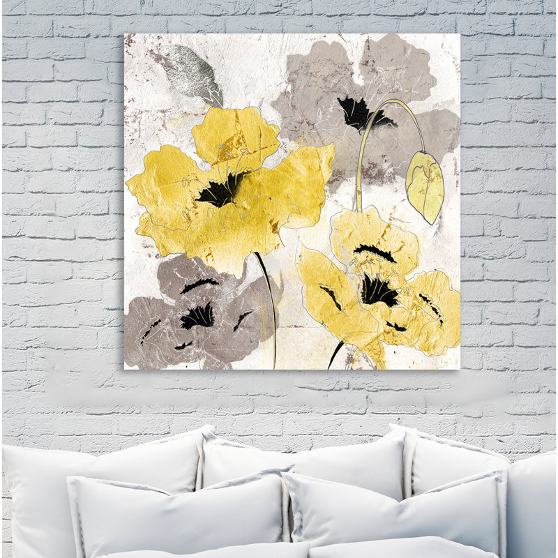 «Yellow and Silver Poppies», peinture sur toile tendue, H 36 po x l 36 po x P 1,5 po