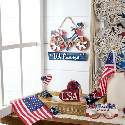 4 juillet, décorations pour la porte d'entrée, couronne patriotique en bois, panneau de vélo Americana en rouge, blanc et bleu pour le 250e anniversaire de la fête de l'Indépendance, États-Unis, 9 po