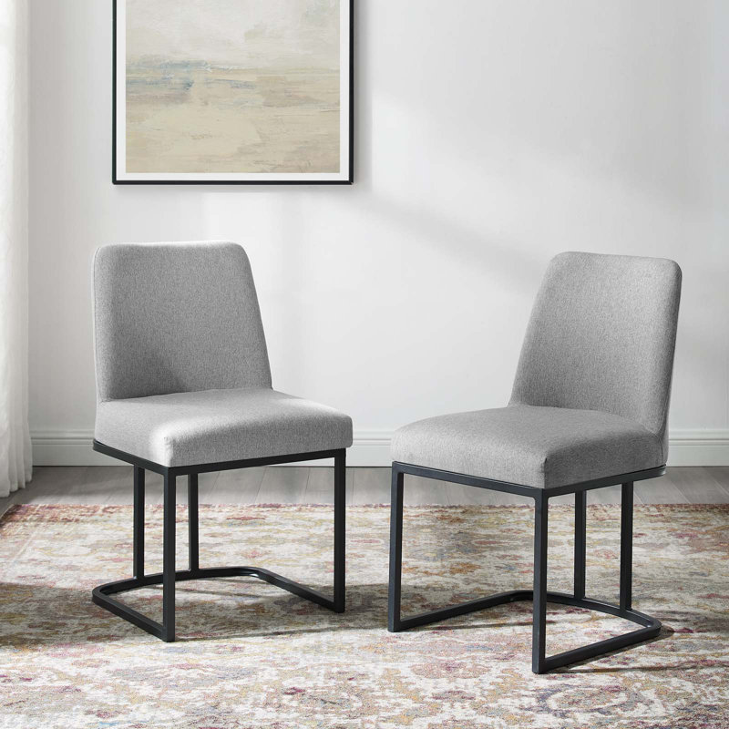 Amplify Sled Base Upholstered Fabric Dining Chairs - Set of 2, Black, Light Grey Velvet