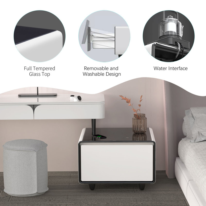 White High Gloss Smart Side Table with Glass Top and Storage