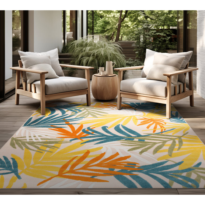 Tapis intérieur / extérieur résistant à l'eau Fruitvale, Rectangle 8 pi 10 po x 12 pi 2 po, Yellow/Blue/Orange