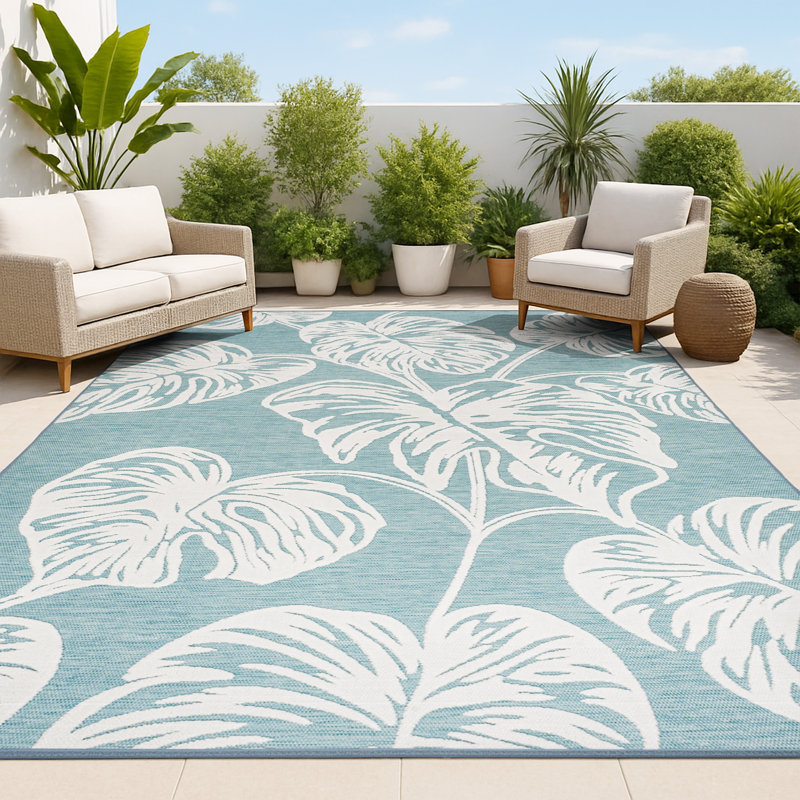 Tapis bleu / ivoire intérieur / extérieur Hua, Rectangle 3 pi 11 po x 6 pi