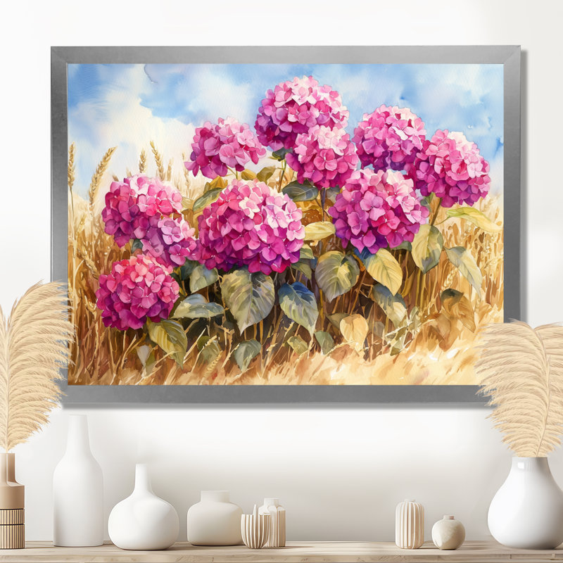 Hortensias dans le champ de céréales II - hydrangées, décoration murale, H 34 po x l 44 po, Cadre flottant, Argent argent