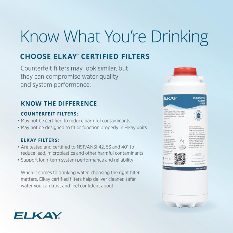Elkay Genuine WaterSentry 51300C Replacement Filter for ezH2O Bottle Filling Stations, NSF Certified, Reduces Lead & Microplastics, 3,000 Gallons, Single