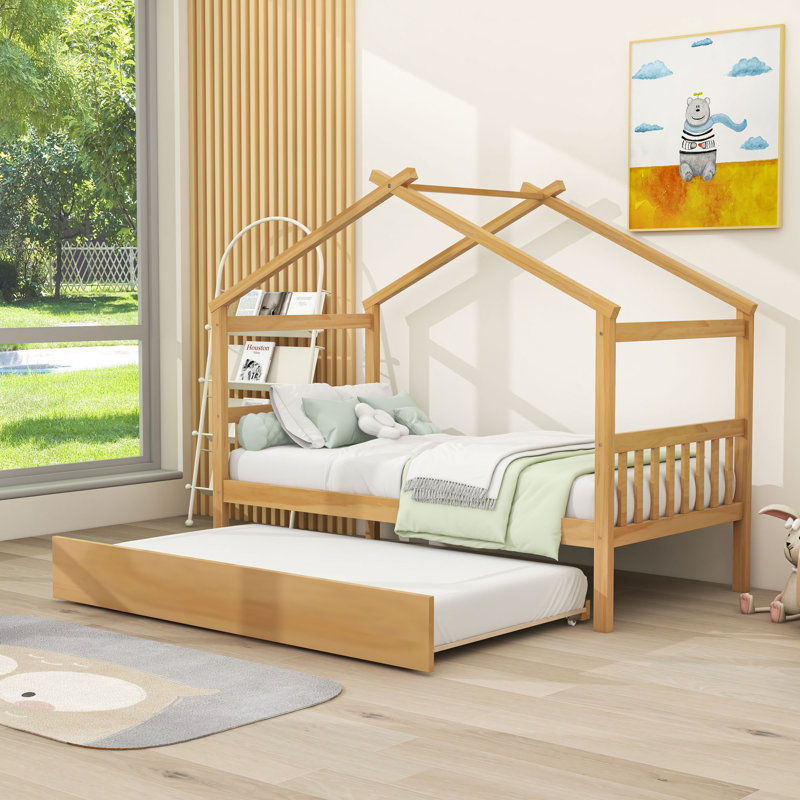 Wood House Bed With Pull-Out Twin Trundle, Natural, Twin
