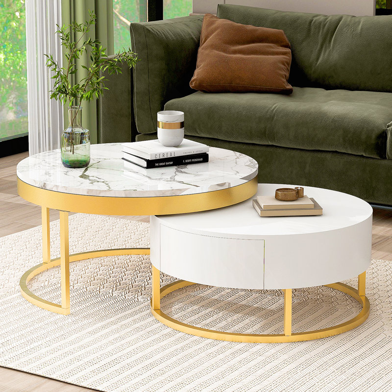 Table basse ronde moderne avec tiroirs en blanc