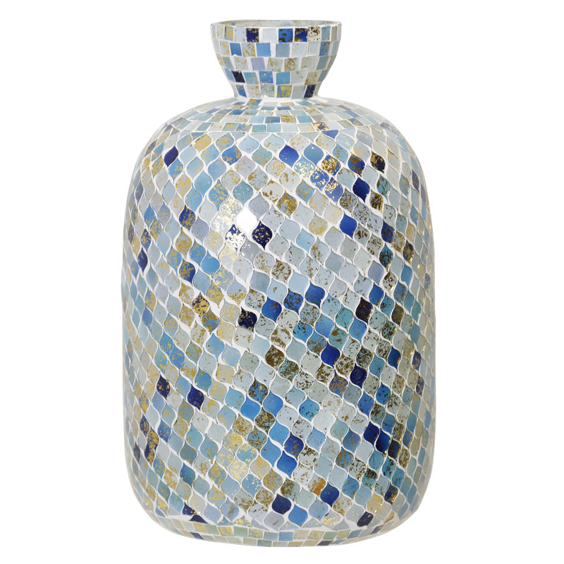 Vase en verre - mosaïque bleue, H 14 po x l 8,75 po x P 8,75 po